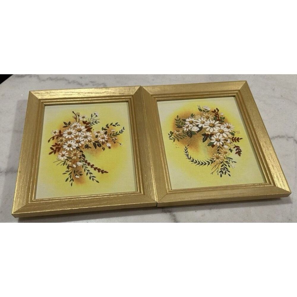 Vtg. Needlepoint Floral  Set Of 2 With Daisies Wildflowers Gold Wood Frame 12X9